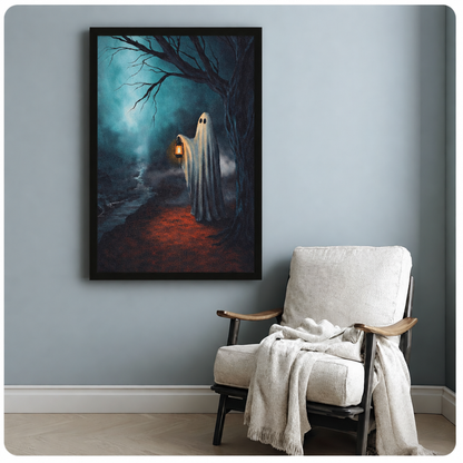 Gothic ghost lantern canvas art in a black frame beside a white armchair against a blue-gray wall.