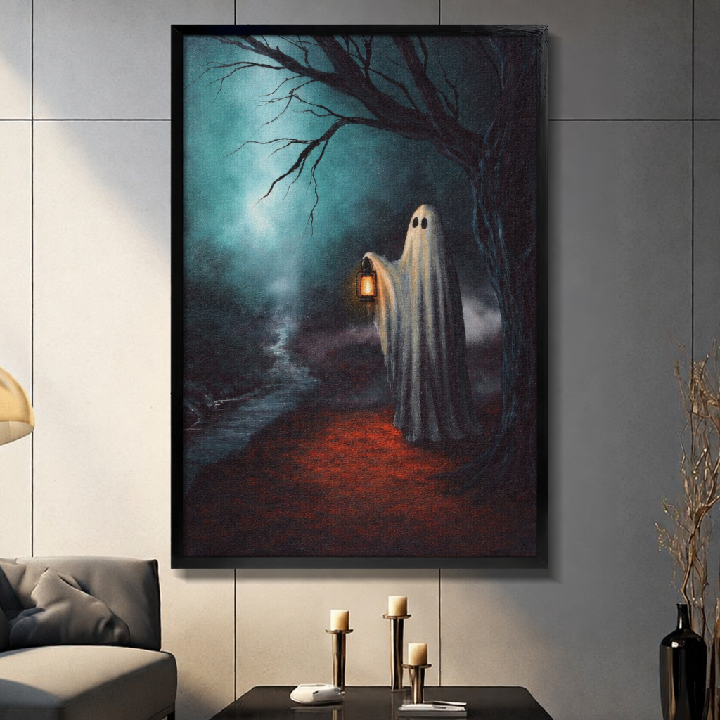Framed Halloween ghost artwork on a paneled living room wall above a table with decorative candles.