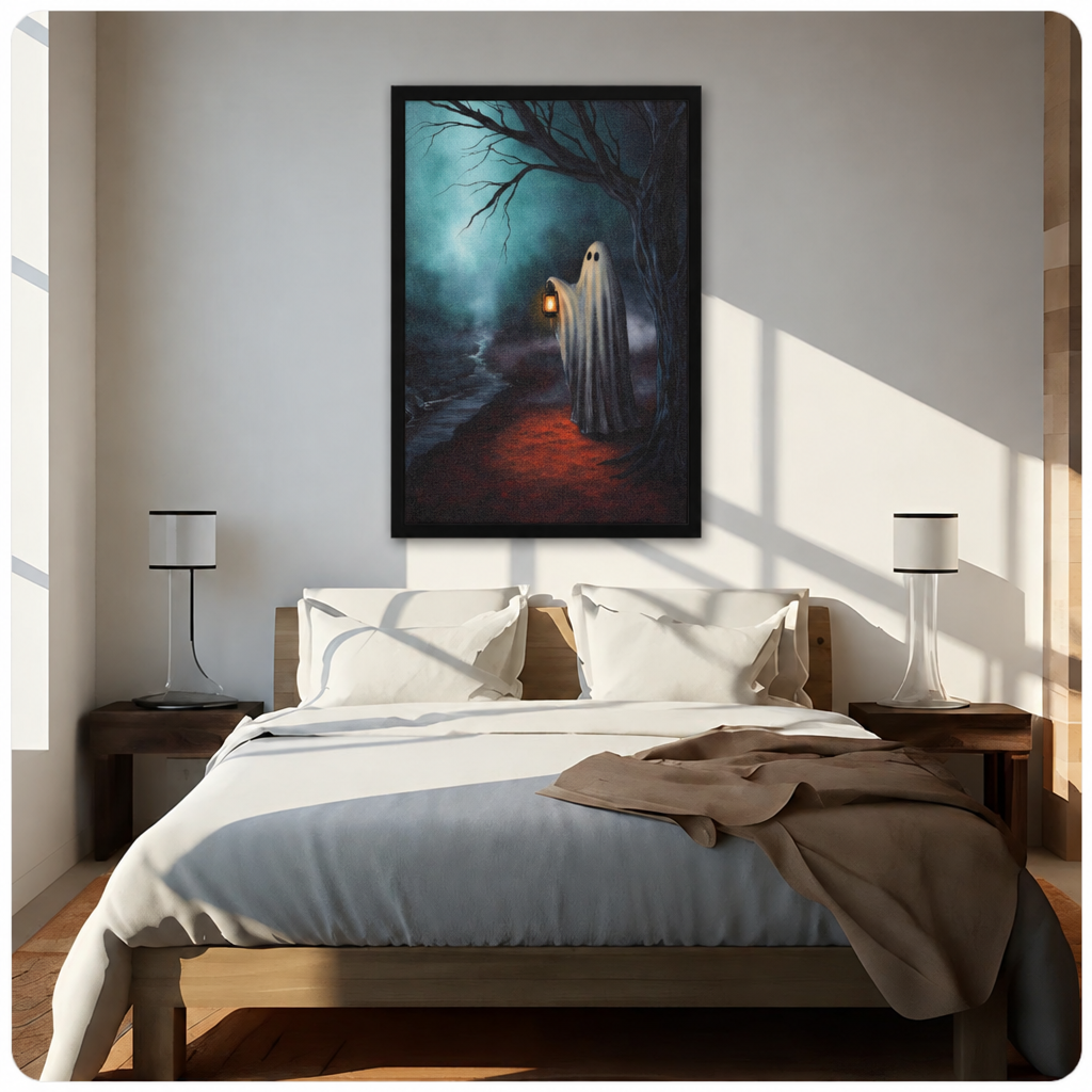 Ghost lantern forest wall art displayed above white bedding in a sunlit bedroom with matching bedside lamps.