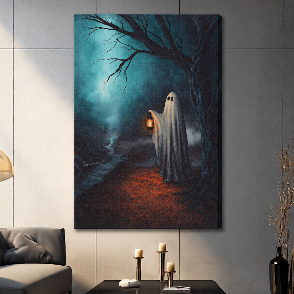 Gallery-wrapped ghost canvas art featuring bare branches, teal mist, and warm lantern light in a living room.⠋