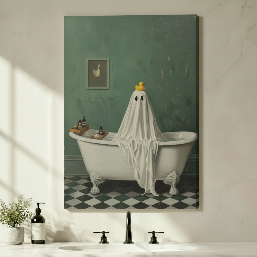 Atmospheric vintage-style oil painting depicting a small round white ghost wrapped in draped white fabric sitting quietly inside a vintage white clawfoot claw-foot bathtub balancing a bright yellow rubber duck on top of its rounded head with two simple black circular eye holes a wooden tub tray with amber-tinted skincare product bottles resting across the left side of the tub a small antique duck painting hung on the moody dark sage green aged plaster wall above and a striking black and white diamond tile f