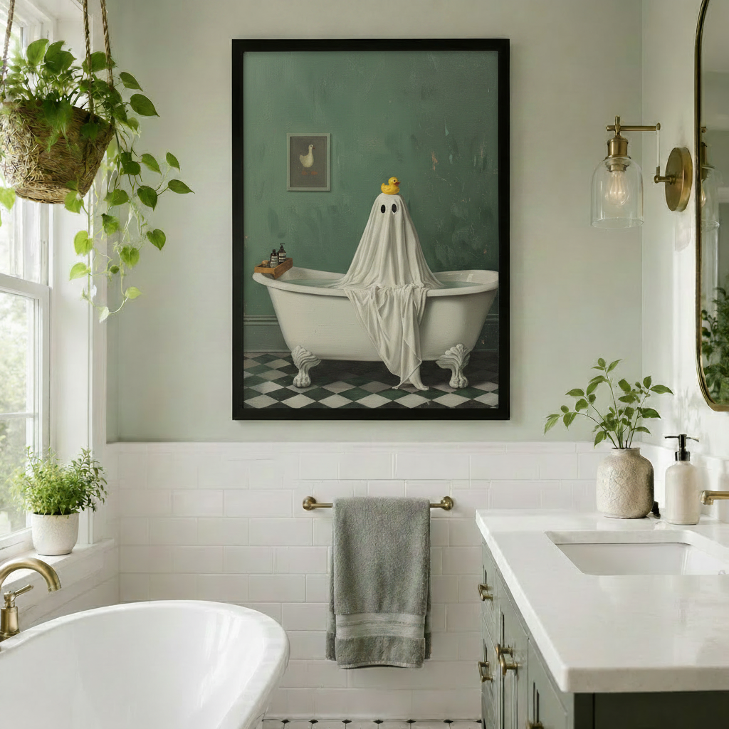 Charming vintage-style oil painting of a small round white ghost draped in soft white fabric sitting in a classic clawfoot bathtub with a yellow rubber duck sitting on top of its head and two simple black eye holes a wooden tub tray with dark glass skincare bottles perched on the left tub edge and a small framed duck artwork on the moody aged dark teal green wall above a black and white checkerboard floor funny spooky ghost bathroom wall art framed print displayed in a bright bathroom with white subway tile