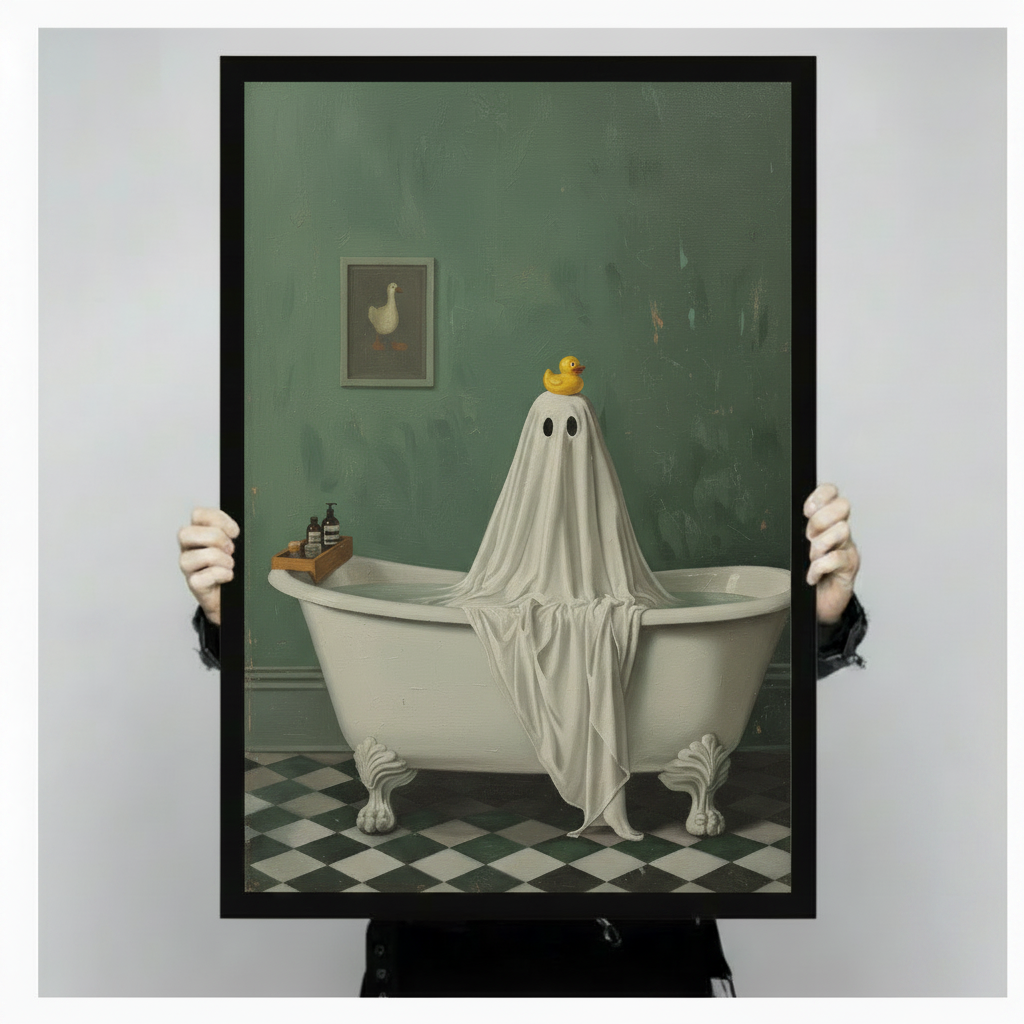 Bold vintage oil painting art print of a pudgy round white ghost sitting in a vintage white clawfoot bathtub draped in a flowing white sheet with a small yellow rubber duck perched on top of its head and two empty black oval eye holes looking straight ahead a wooden tub caddy tray with dark bottles on the left bath edge a small duck portrait painting on the aged dark green distressed plaster wall above and a classic black and white diamond pattern tile floor ghost bathroom humor Halloween art framed print h