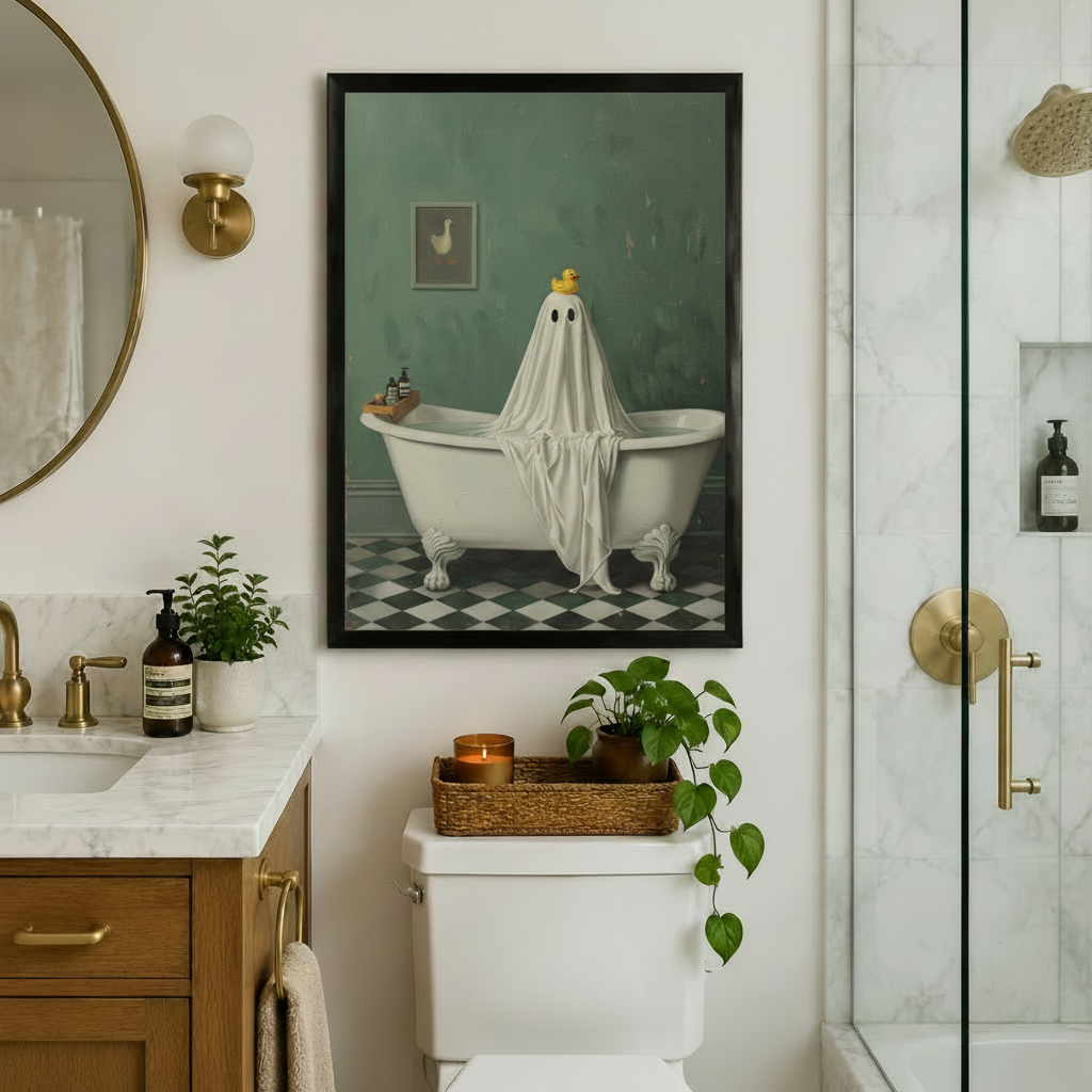Whimsical vintage oil painting of an adorable chubby white sheet ghost sitting solemnly in an antique white claw-foot bathtub with a yellow rubber duck sitting on top of its head two blank oval black eye holes a wooden bath tray with dark glass toiletry bottles balanced across the tub rim a small framed duck painting mounted on the moody distressed dark teal wall and a bold black and white diamond checkerboard floor funny ghost bathroom humor art framed print displayed in a luxury bathroom with gold brass f