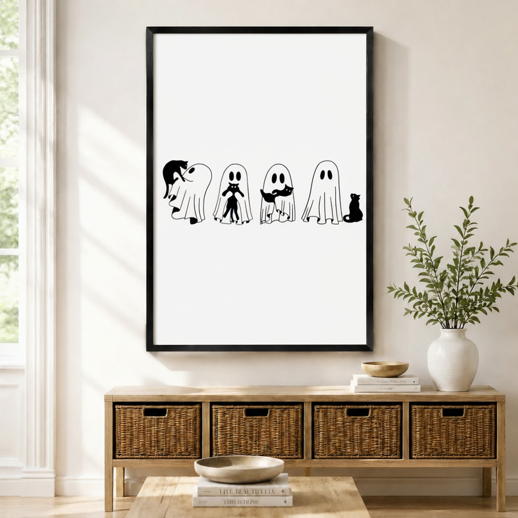 Framed canvas print featuring four whimsical ghosts interacting with black cats in a minimalist black and white line art style, displayed above a rattan storage console in a bright modern entryway