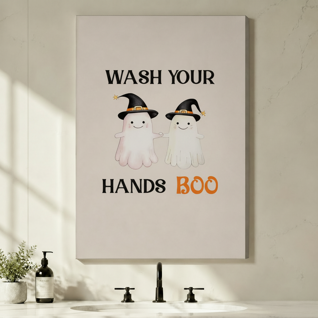 Gallery wrap stretched canvas of two cute Halloween ghosts wearing black witch hats with Wash Your Hands Boo orange typography hung frameless above a bathroom vanity with black faucet and soap dispenser