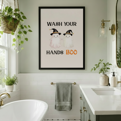 Black framed cute Halloween ghost Wash Your Hands Boo canvas wall art hung on a sage green wall above a towel bar in a bright bathroom with white subway tiles, freestanding tub, gold fixtures and hanging potted plants