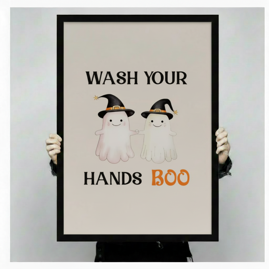 Hands in black sleeves holding a large black framed Wash Your Hands Boo Halloween ghost bathroom humor canvas art print with two smiling witch hat ghosts and orange BOO text, vertical product size display
