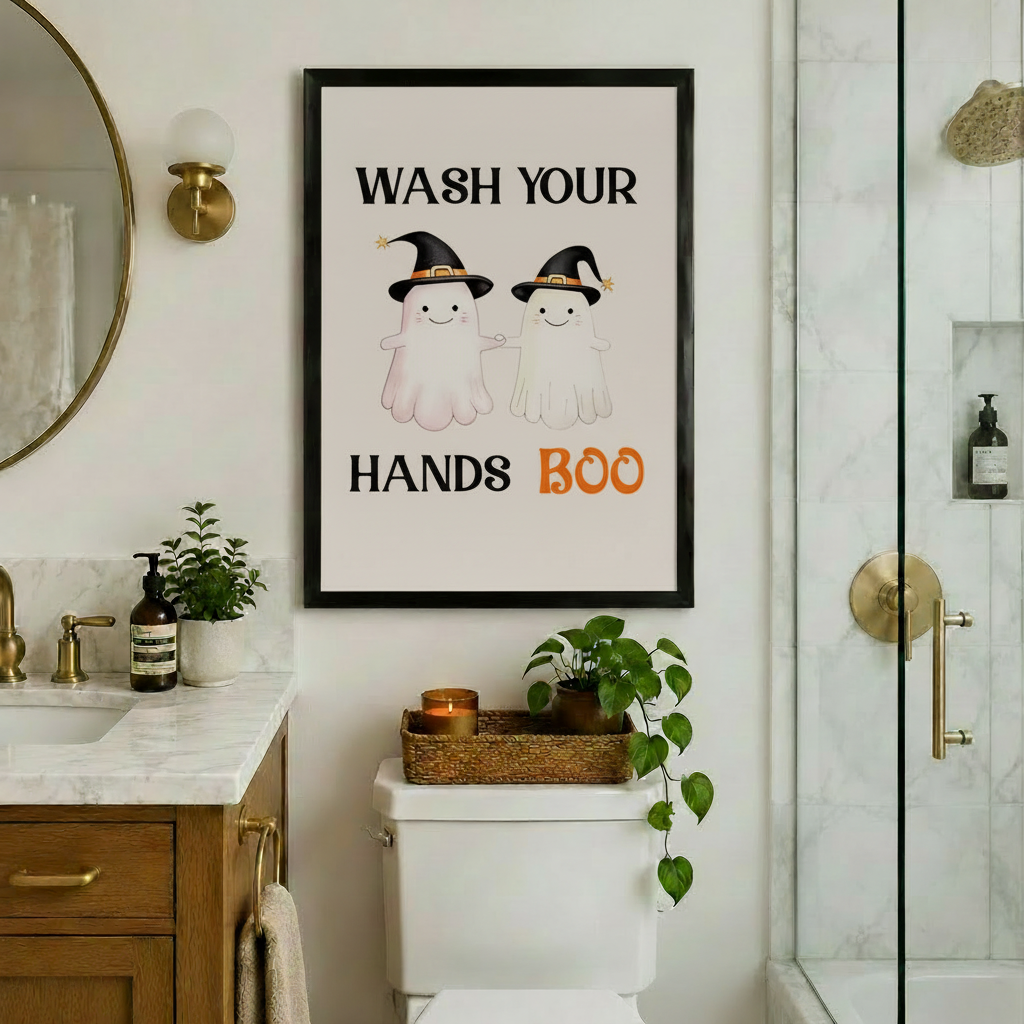 Black framed funny Halloween ghost Wash Your Hands Boo bathroom canvas art hung on a white wall between a marble vanity with gold faucet and a glass shower enclosure with wicker tray and trailing plants on toilet