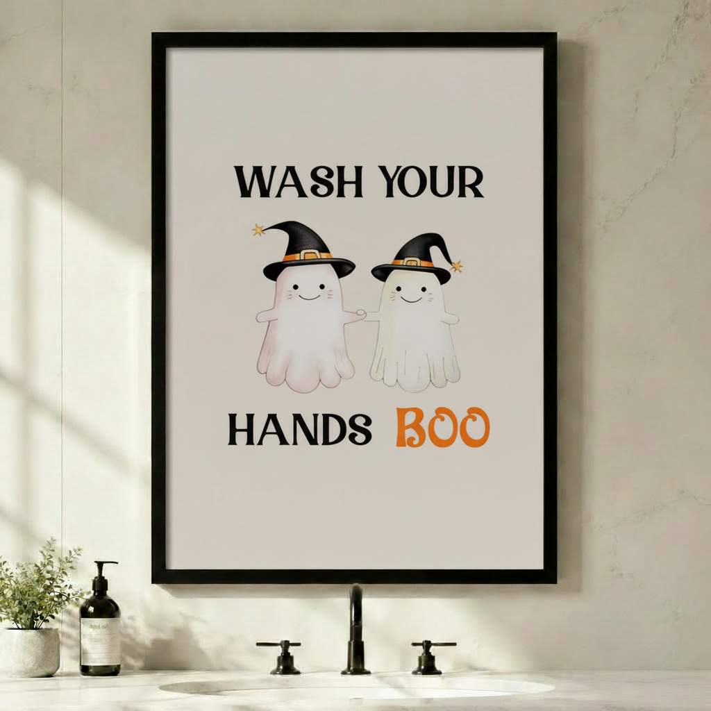 Black framed Wash Your Hands Boo Halloween ghost canvas wall art with two smiling witch hat ghosts on beige background displayed above a bathroom sink with black faucet, soap dispenser and green plant
