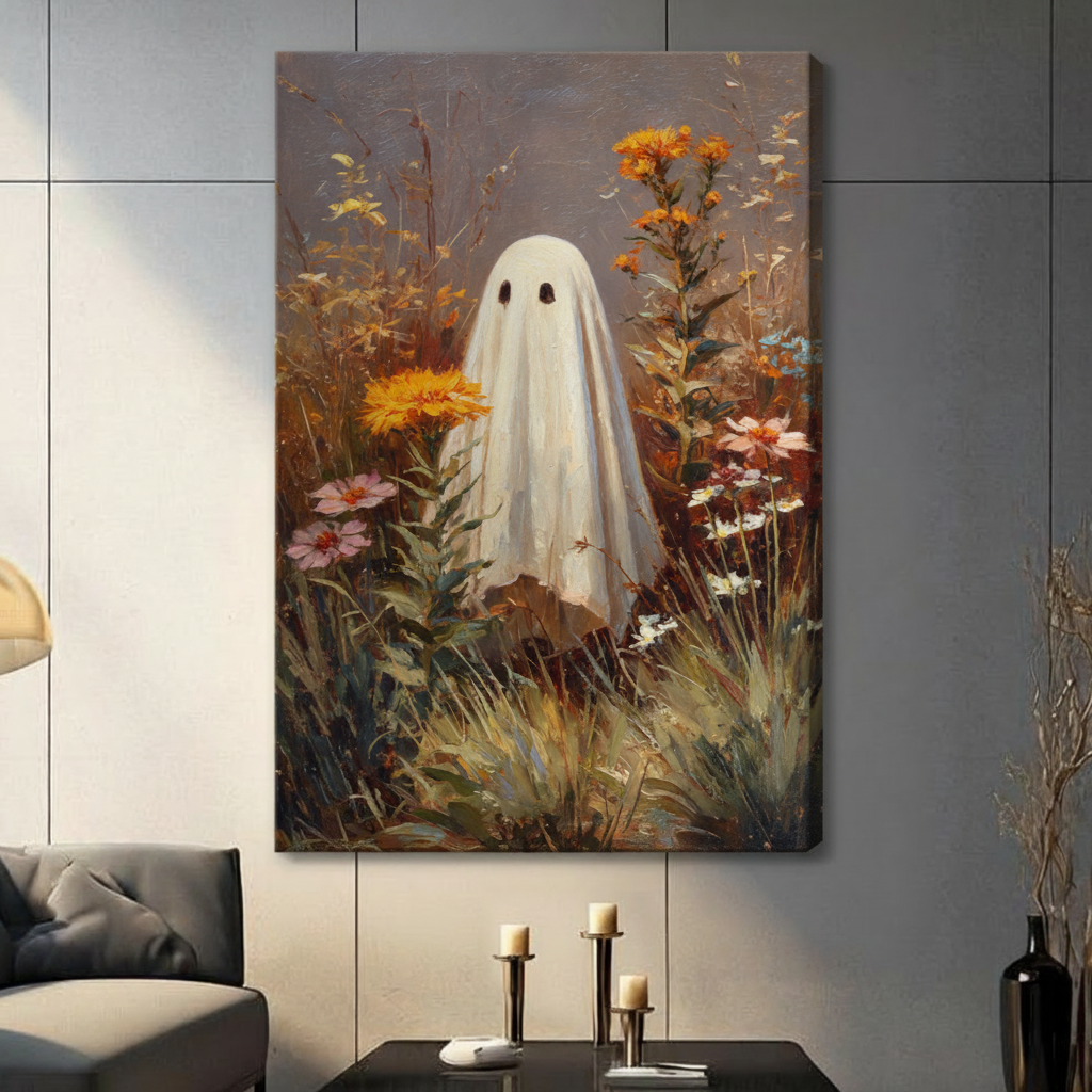 Gallery wrapped canvas print featuring a whimsical ghost among blooming wildflowers in warm autumn tones, hung in a contemporary living space