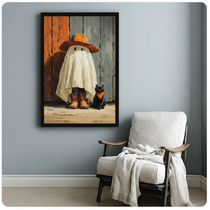 Ghost cat canvas wall art featuring a white ghost and black cat above a cozy armchair