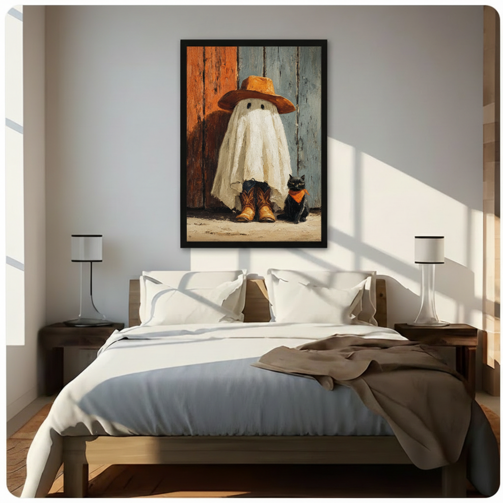 Ghost cat canvas wall art above a bed, featuring a playful ghost in a cowboy hat and black cat

