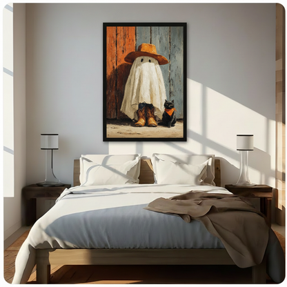 Ghost cat canvas wall art above a bed, featuring a playful ghost in a cowboy hat and black cat

