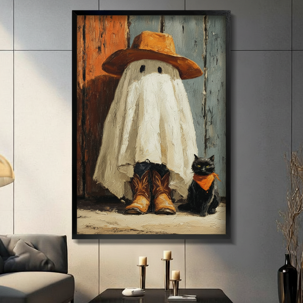 Ghost cat canvas wall art with a cowboy-hat ghost and black cat in a modern living room