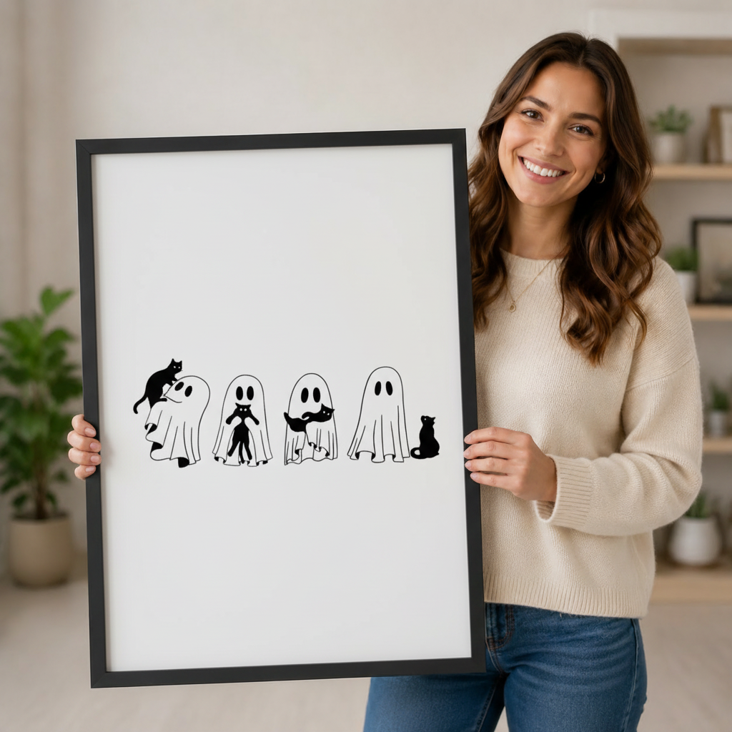 Smiling woman holding a large black-framed canvas print of four whimsical ghosts with black cats, showing print size, frame quality, and minimalist Halloween illustration detail up close