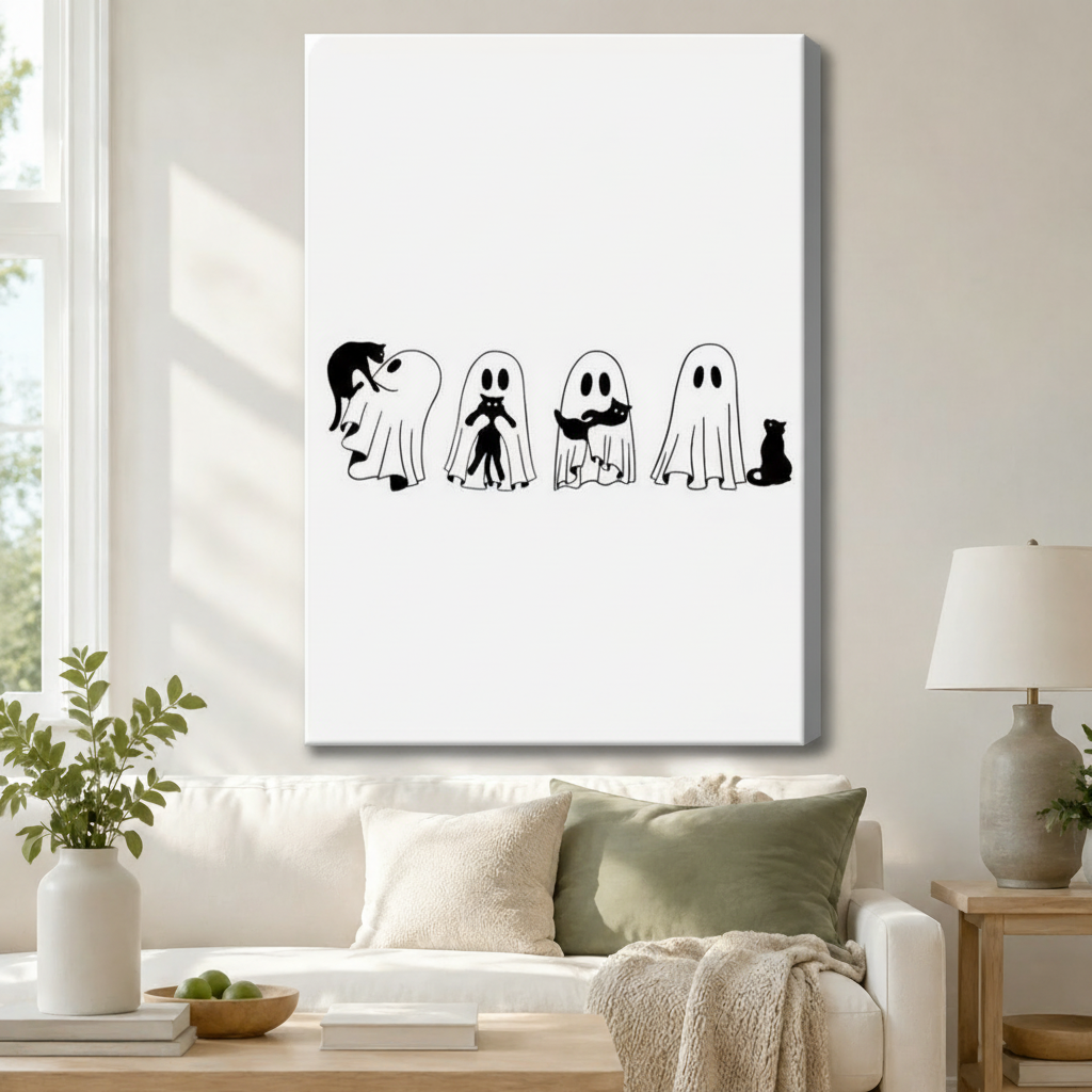 Gallery wrap canvas of four playful ghosts with black cats in cute minimalist illustration style, hung above a white linen sofa adding spooky-chic Halloween charm to a neutral living room