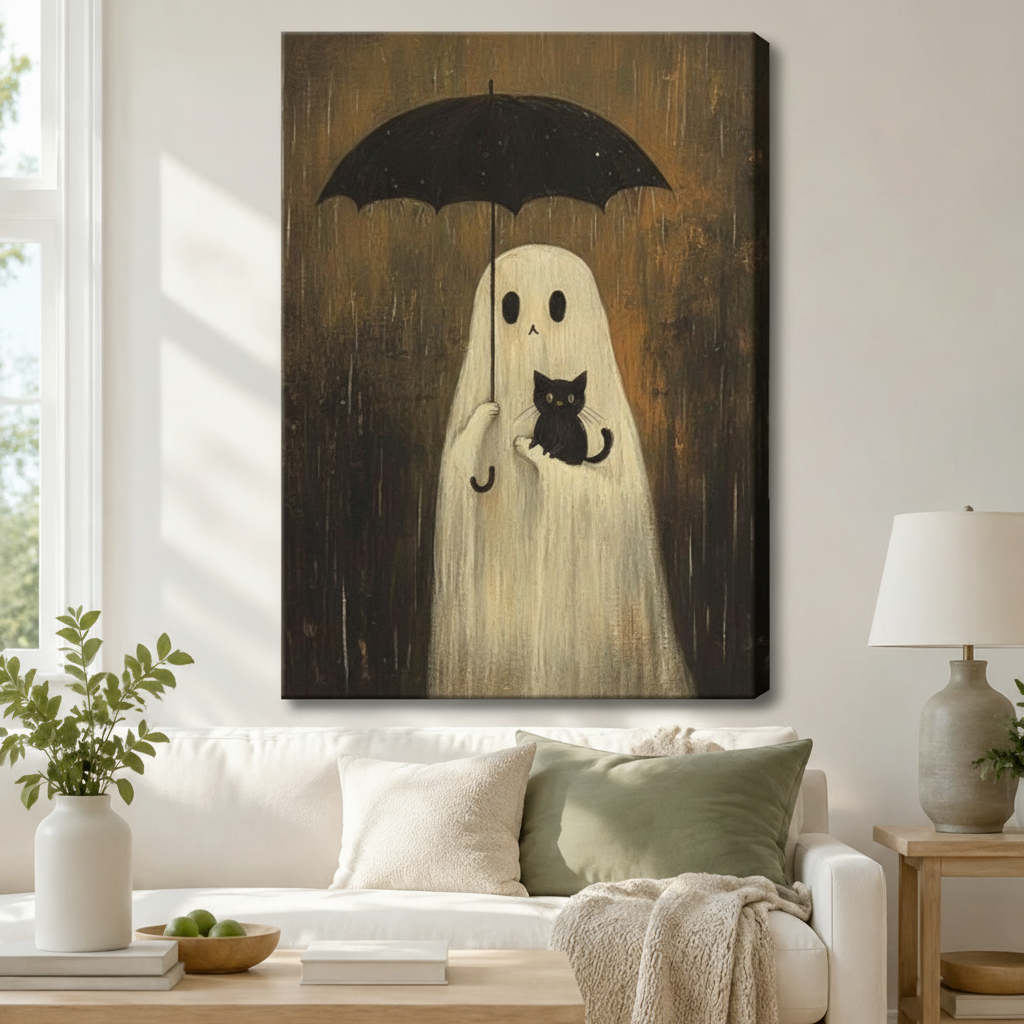 Stretched canvas wall art of a whimsical ghost holding a black umbrella and cuddling a black cat on a rainy dark brown textured background above a white sofa with sage green cushions, potted greenery, a ceramic table lamp, and a wooden side table