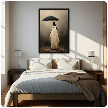 Whimsical ghost cat umbrella framed artwork above bed in sunlit modern bedroom
