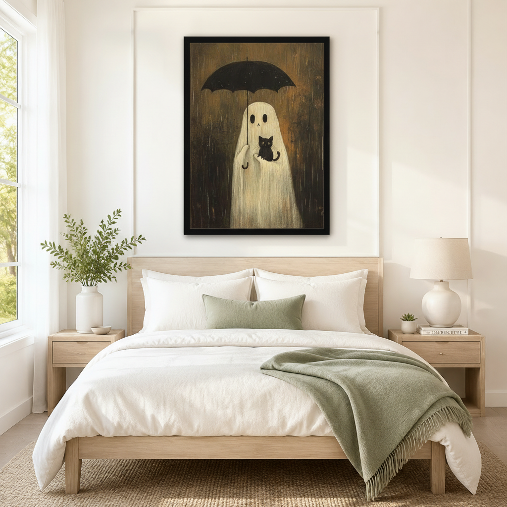 Black framed whimsical ghost holding a black umbrella and cradling a black cat in the rain wall art above a light oak bed with white linen bedding, a sage green throw blanket, wooden nightstands, and a white ceramic vase with greenery in a bright Scandinavian bedroom