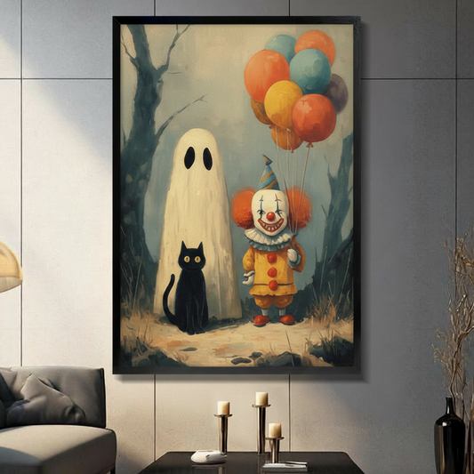 Framed Halloween wall art print featuring a white ghost, creepy clown holding colorful balloons, and a black cat in a dark forest, displayed above a console table in a modern living room