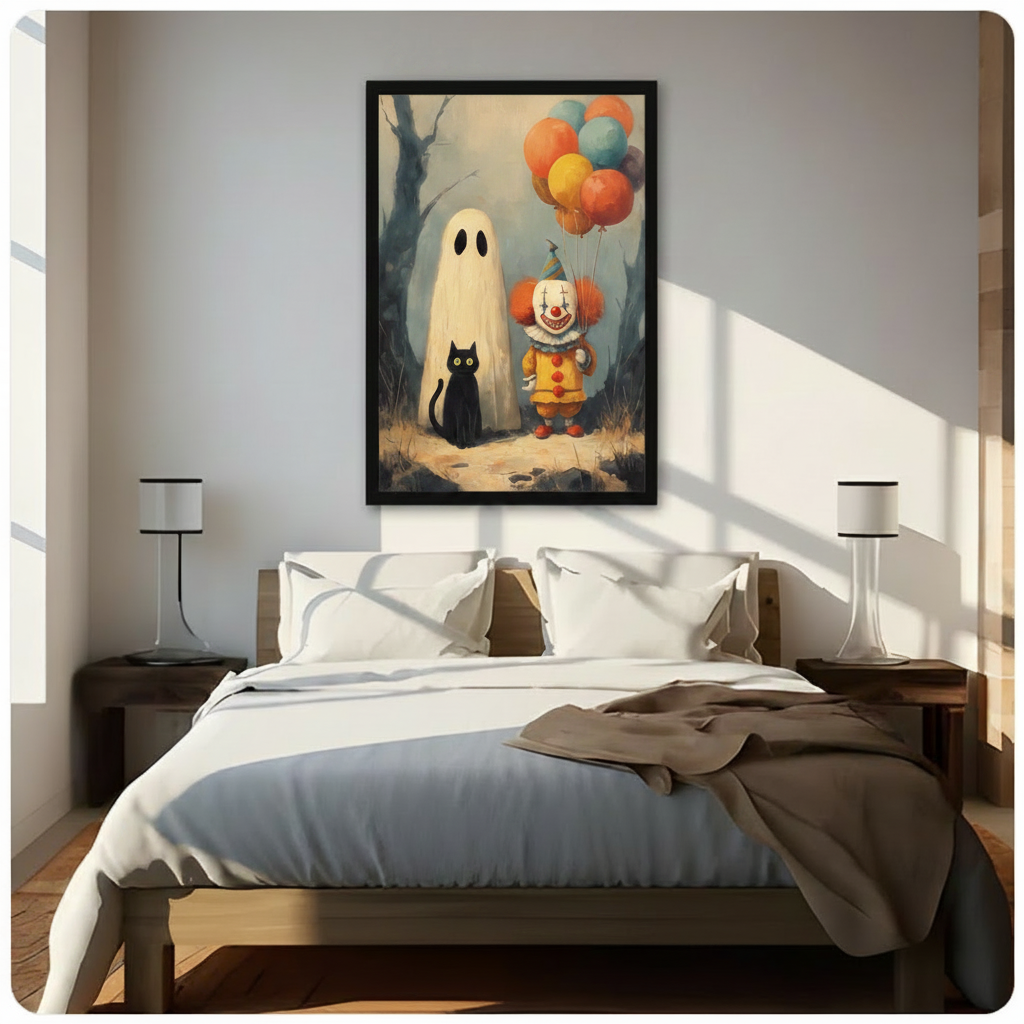 Framed canvas print of a spooky Halloween trio — white ghost, vintage clown with balloons, and black cat — hung as a statement wall art piece above a bed in a sunlit bedroom