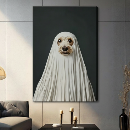 Gallery wrap stretched canvas of a funny golden doodle dressed as a ghost in white sheet hung frameless on a dark gray wall above candlestick holders and tall black decorative vase