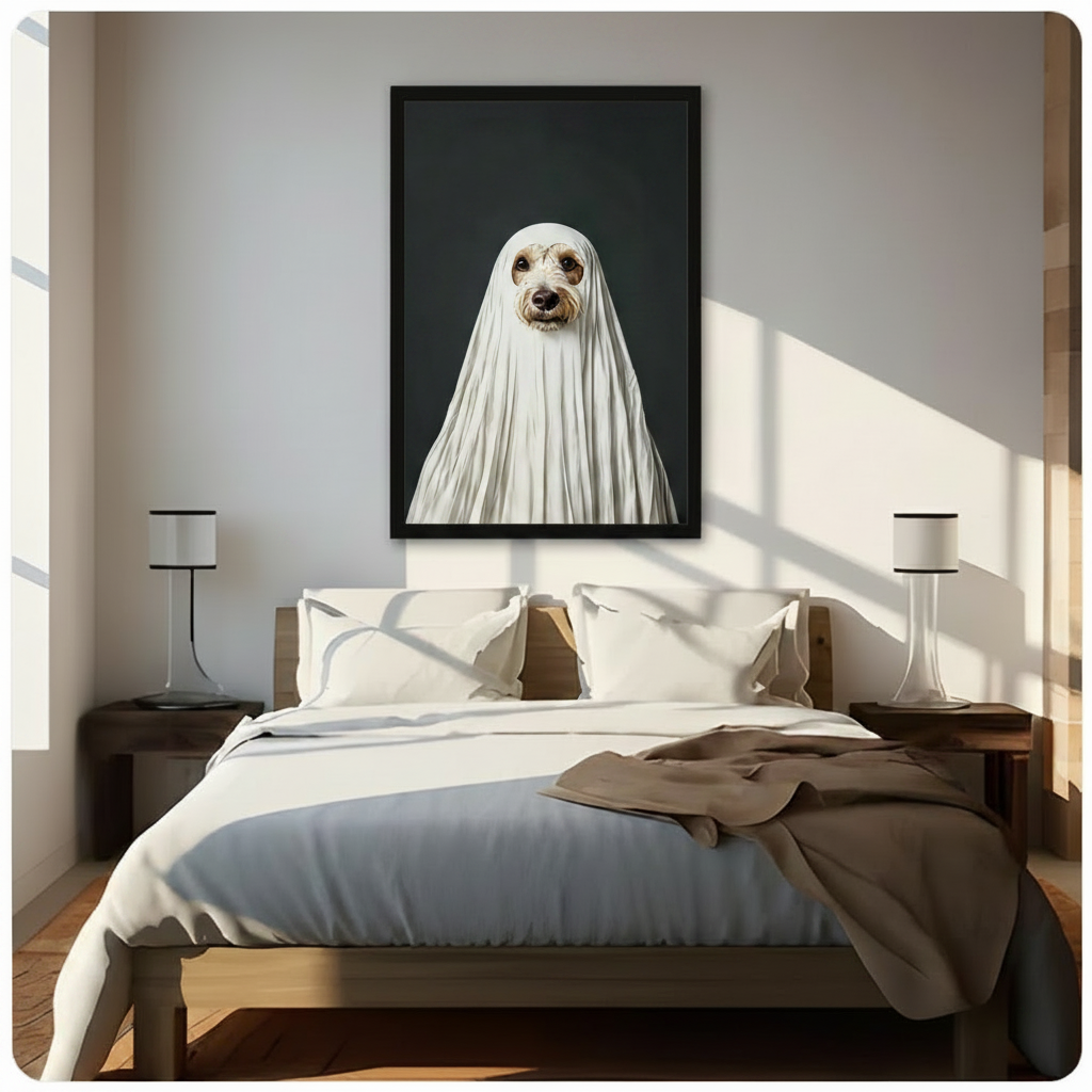 Black framed Halloween ghost dog wall art canvas hung above a dark wood bed with white linen bedding in a sunlit neutral bedroom with warm diagonal natural light and glass table lamps