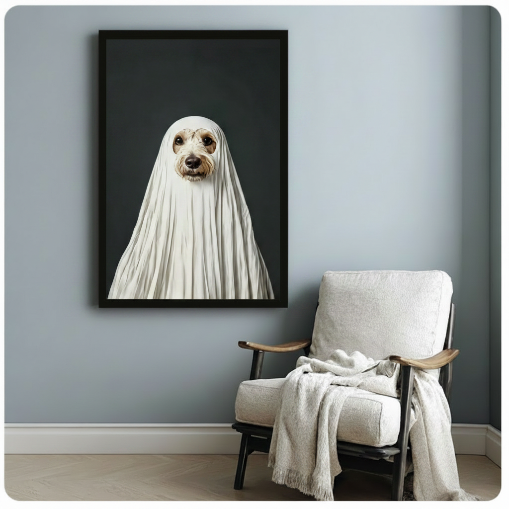 Black framed Halloween ghost dog portrait canvas print on dark teal background hung on a soft blue-gray wall beside a white linen wood armchair with a cream knit throw blanket