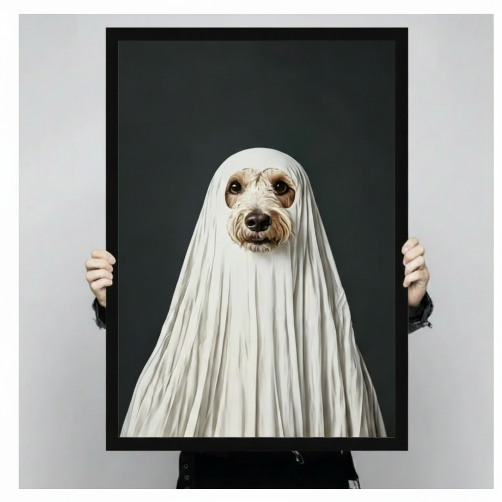 Hands in black sleeves holding a large black framed funny ghost dog Halloween canvas art print against a neutral gray background, front-facing product size reference display