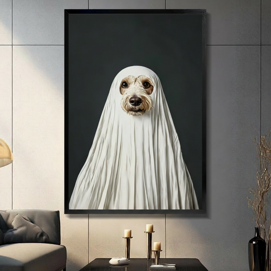 Black framed Halloween ghost dog canvas wall art featuring a golden doodle in a white sheet costume on dark teal background, displayed in a modern living room with candlesticks and black vase
