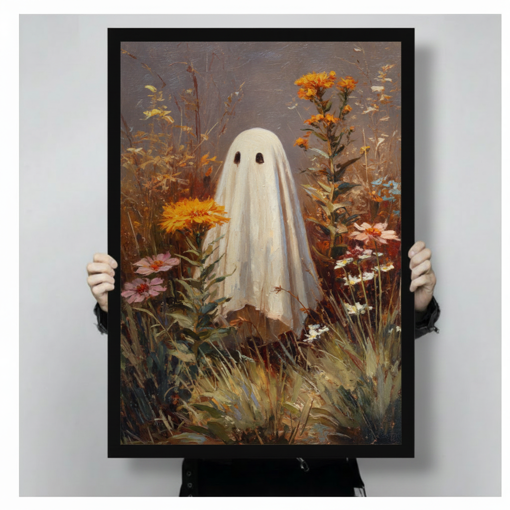 Close-up of a framed vintage-style oil painting print showing a ghost surrounded by orange and pink wildflowers, held by two hands