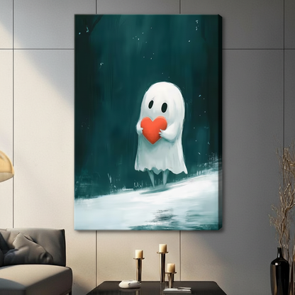 Gallery wrap stretched canvas of a round white ghost with black dot eyes clutching a large red heart standing in a glowing teal misty forest with starlight particles and water reflection hung frameless on a gray wall above a dark sofa