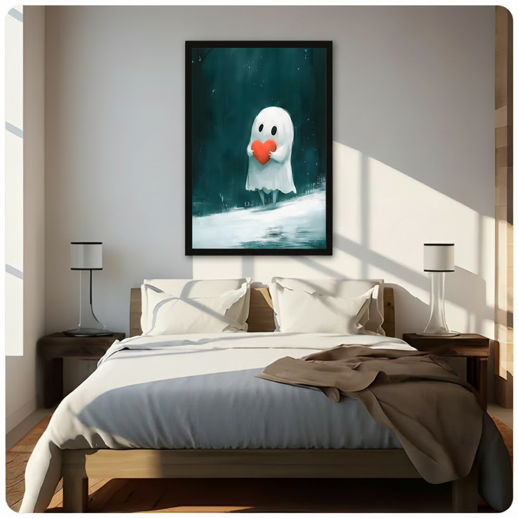 Black framed adorable white ghost clutching a red heart dark cute fantasy canvas wall art with teal misty forest background hung above a dark wood bed with white and beige linen bedding in a sunlit minimalist bedroom