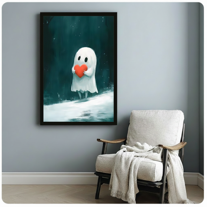 Black framed whimsical dark cute ghost holding red heart canvas print with deep teal foggy forest night background hung on a soft blue-gray wall beside a white upholstered wood lounge chair with a draped cream knit throw