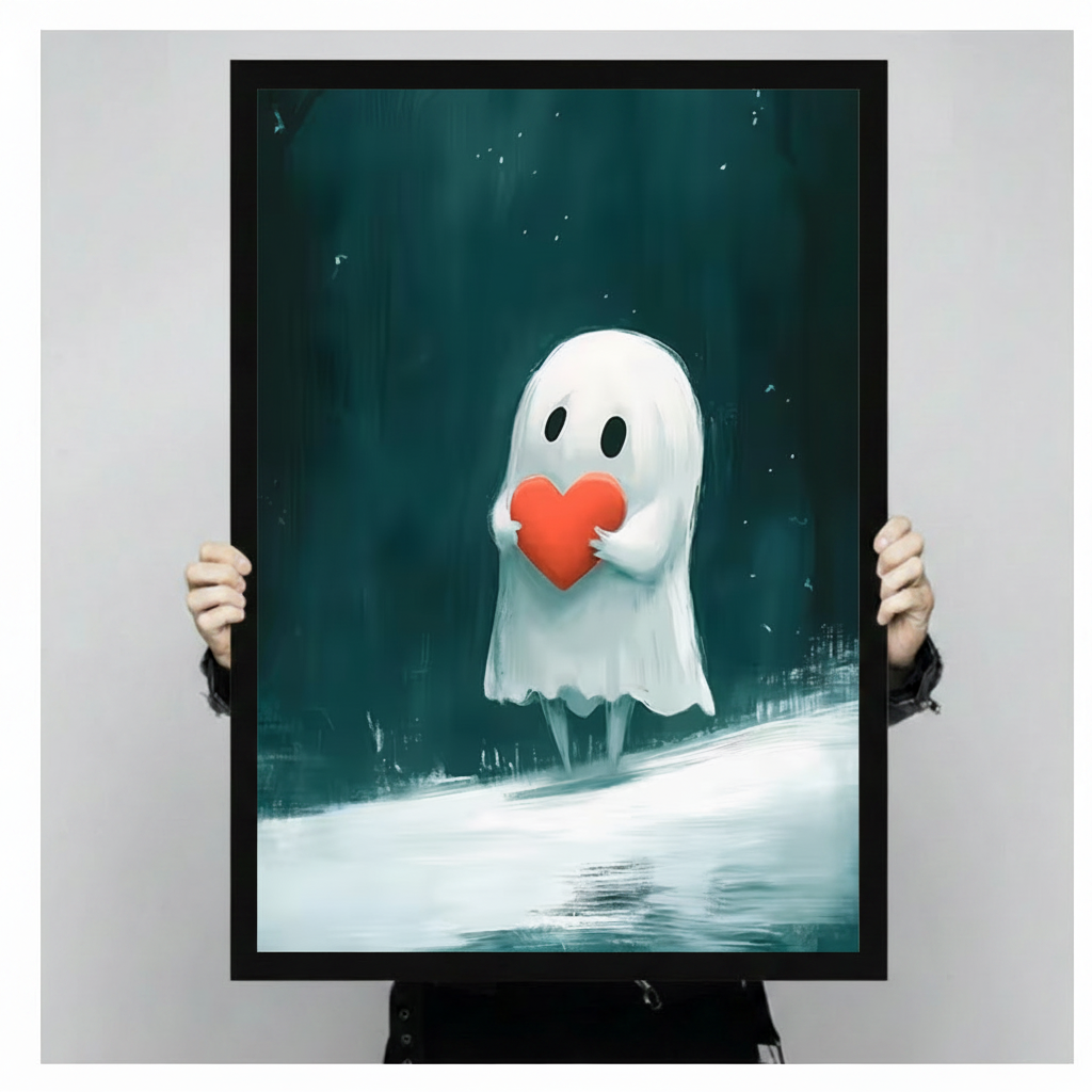 Two hands in black jacket sleeves holding a large black framed cute white ghost hugging a red heart dark fantasy canvas art print with glowing teal misty background, front-facing vertical product size display