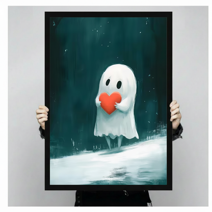 Two hands in black jacket sleeves holding a large black framed cute white ghost hugging a red heart dark fantasy canvas art print with glowing teal misty background, front-facing vertical product size display