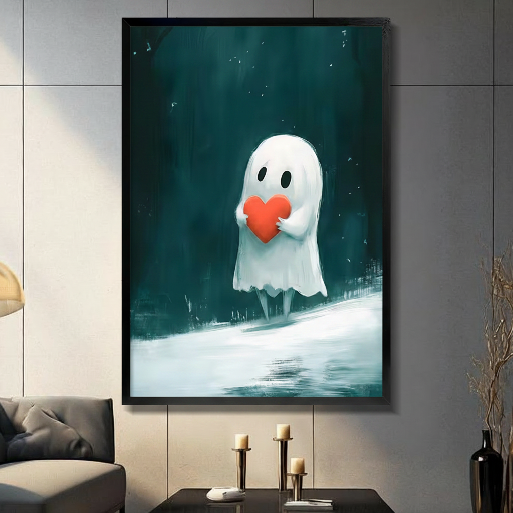 Black framed cute white ghost hugging a red heart dark fantasy canvas wall art with teal misty forest night background displayed in a modern gray living room with charcoal sofa black coffee table and gold candlestick holders