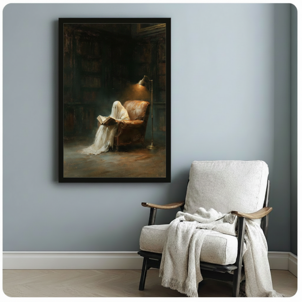 Ghost reading book in vintage armchair dark academia oil painting in black float frame on blue-gray wall beside white linen accent chair with cream throw blanket