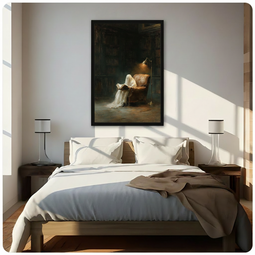 Ghost reading book in vintage armchair dark academia oil painting in black float frame on white bedroom wall above bed with white bedding and cylindrical bedside lamps