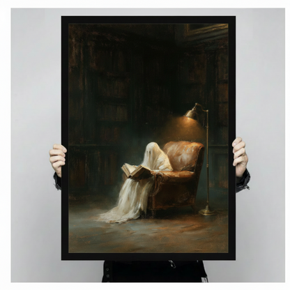 Ghost reading book in vintage armchair dark academia oil painting in black float frame held up by two hands against plain light gray background showing print size