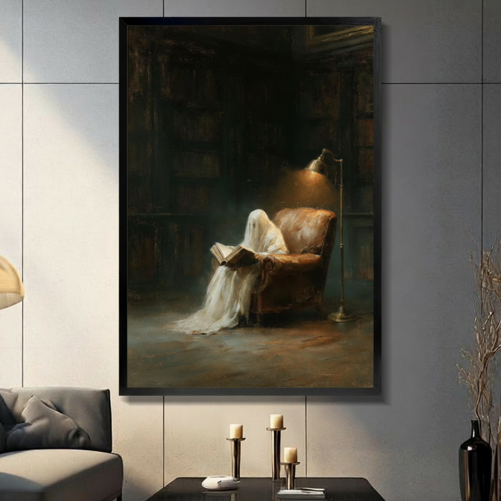 Ghost reading book in vintage armchair dark academia oil painting in black float frame on light gray wall above console table with candles beside dark sofa