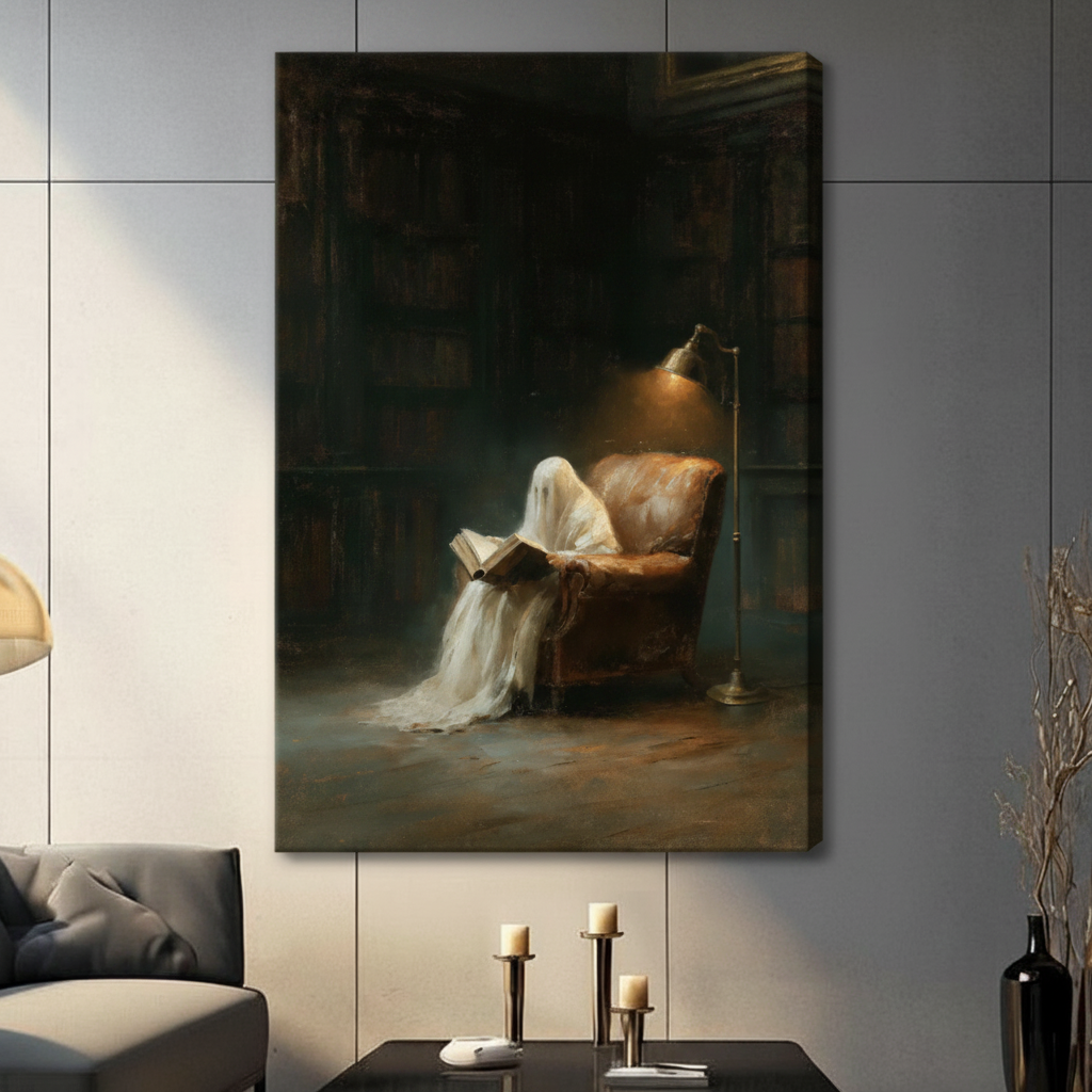 Ghost reading book in vintage armchair dark academia oil painting frameless gallery wrap stretched canvas on light gray wall above dark console table with candles and black vase