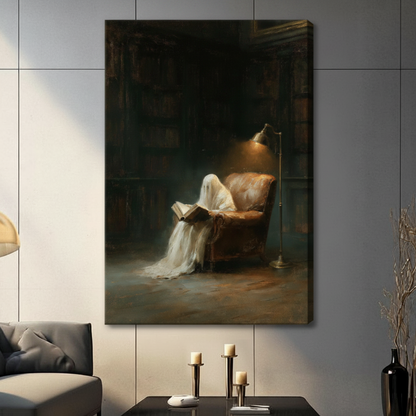 Ghost reading book in vintage armchair dark academia oil painting frameless gallery wrap stretched canvas on light gray wall above dark console table with candles and black vase