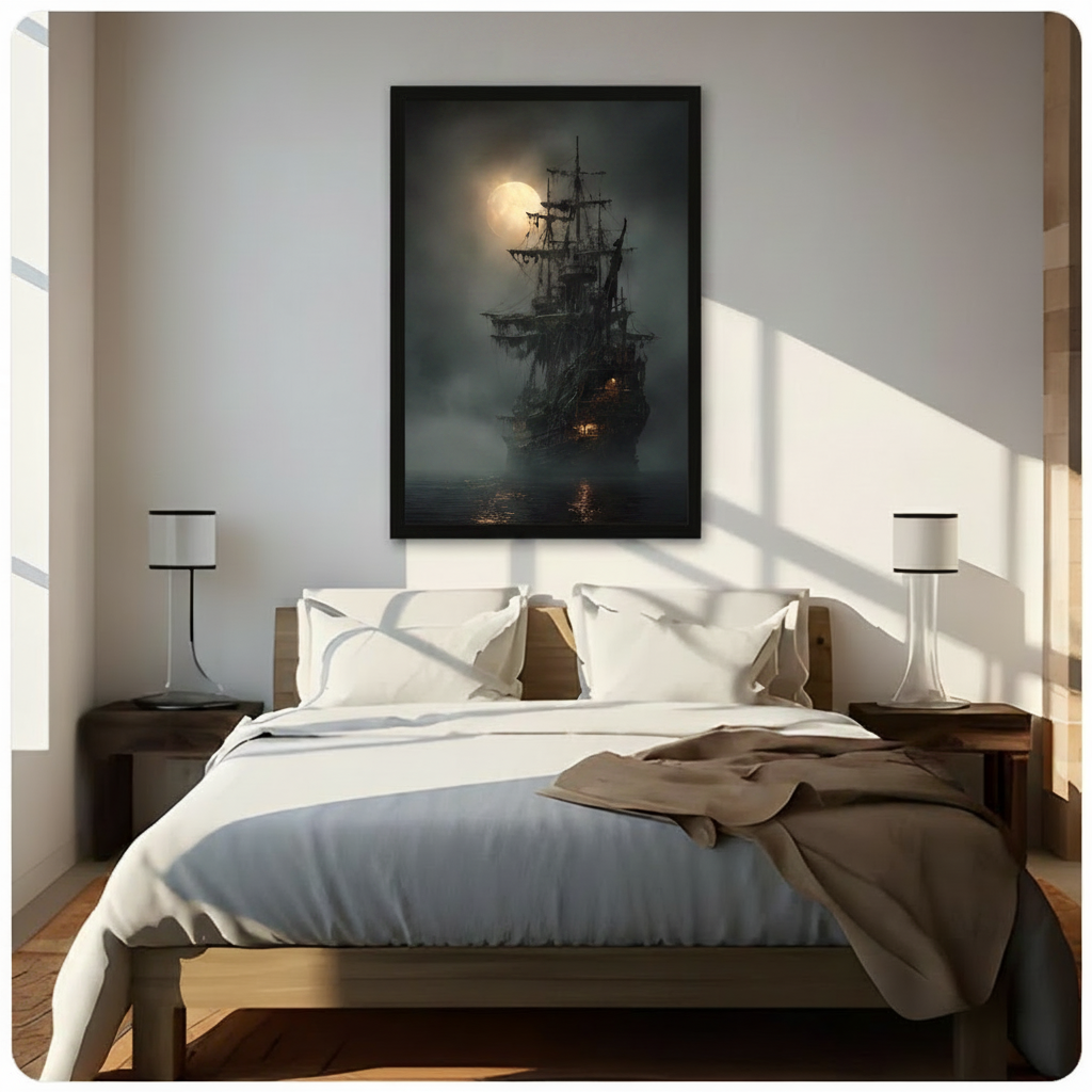Framed ghost ship canvas hanging above bed in sunlit bedroom — gothic sailing ship under full moon, dark nautical art for bedroom