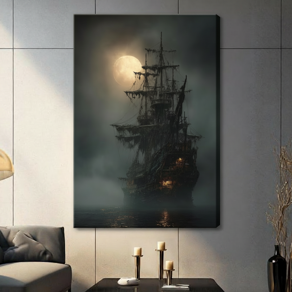 Gallery wrap canvas of ghost ship sailing through moonlit fog — gothic dark maritime painting for living room wall decor