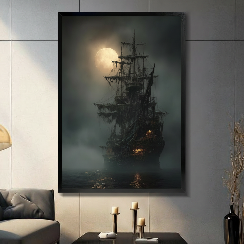 Framed ghost ship wall art canvas in modern living room — dark moody oil painting of tall ship under full moon in foggy sea