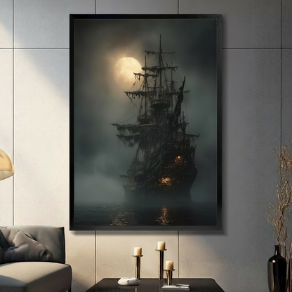 Framed ghost ship wall art canvas in modern living room — dark moody oil painting of tall ship under full moon in foggy sea