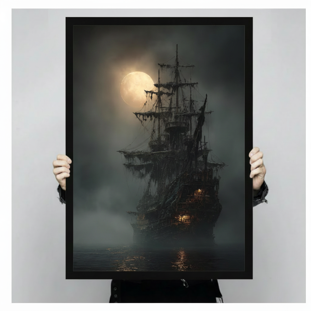 Close-up of framed ghost ship print held by hands — moody moonlit tall ship oil painting detail, dark maritime wall art
