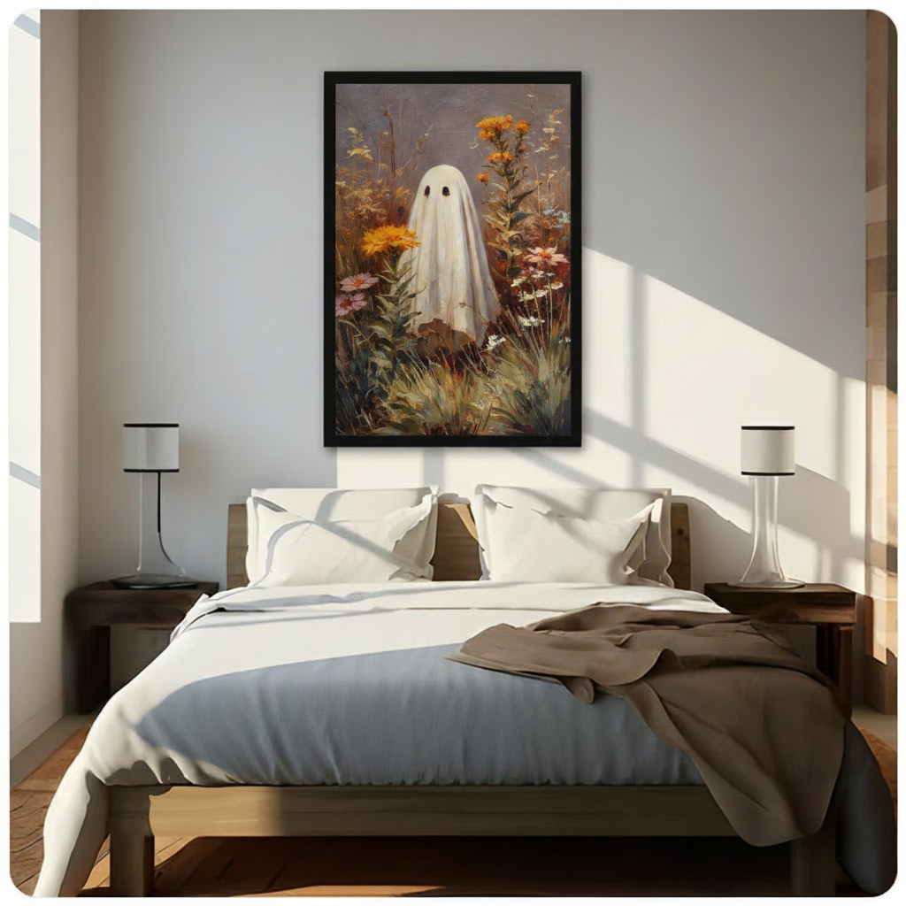 Framed ghost and autumn wildflower oil painting canvas hung above a bed as bedroom wall decor, warm natural light, minimalist interior